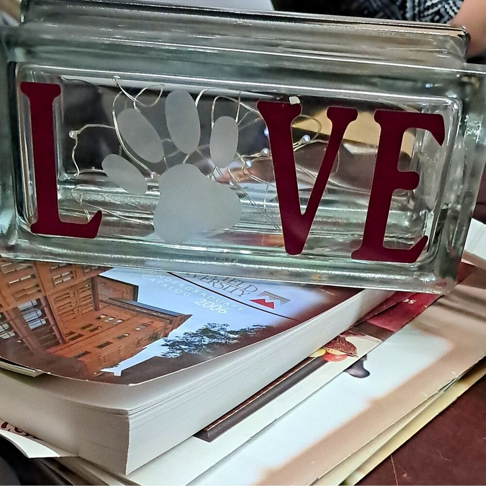 Decorative Clear Glass Block LOVE Sign w/ Paw Print, Red Accents, Horizontal